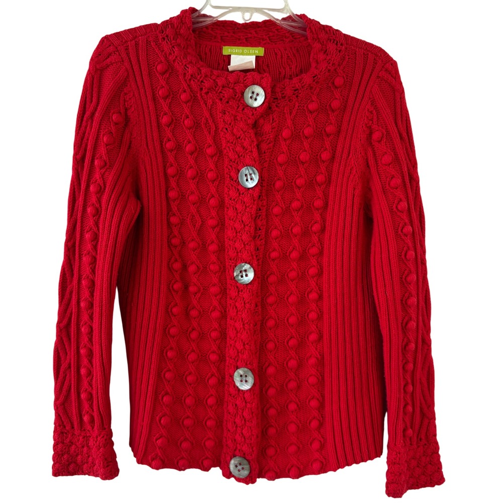 Sigrid Olsen Red Chunky Bobble Knit Holiday Sweater Cottagecore Cable Cardigan M